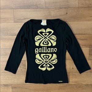John Galliano Size XS Boatneck Tee Shirt Black & Gold Glitter Vintage 2000s Y2K